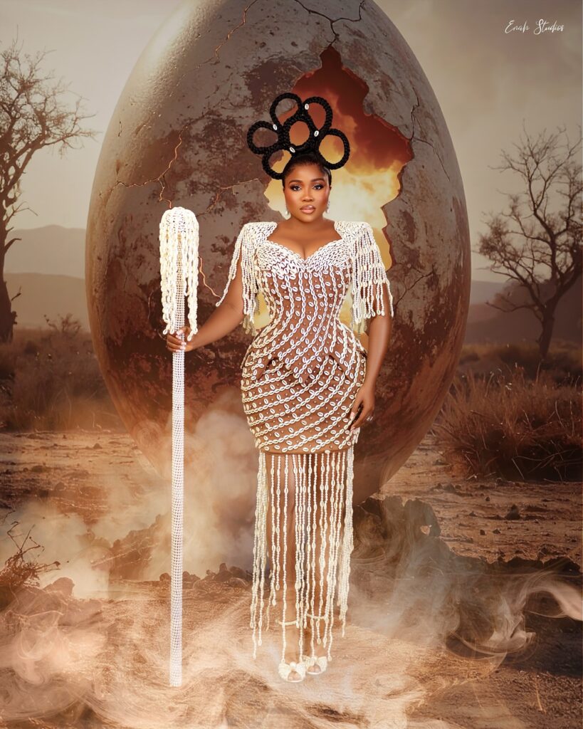 Cowrie shell-inspired African dress by Glam Stitches, worn by Veekee James.